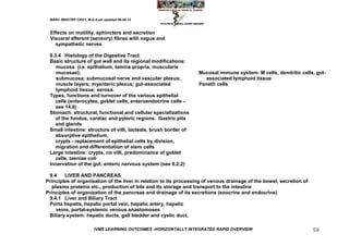 MARC IMHOTEP CRAY, M.D./Last updated 06-08-12



 Effects on motility, sphincters and secretion
 Visceral afferent (sensory) fibres with vagus and
   sympathetic nerves

 9.3.4 Histology of the Digestive Tract
 Basic structure of gut wall and its regional modifications:
    mucosa (i.e. epithelium, lamina propria, muscularis
    mucosae);                                                      Mucosal immune system: M cells, dendritic cells, gut-
    submucosa; submucosal nerve and vascular plexus;                 associated lymphoid tissue
    muscle layers; myenteric plexus; gut-associated                Paneth cells
    lymphoid tissue; serosa.
 Types, functions and turnover of the various epithelial
    cells (enterocytes, goblet cells, enteroendocrine cells -
    see 14.6)
 Stomach: structural, functional and cellular specializations
    of the fundus, cardiac and pyloric regions. Gastric pits
    and glands
 Small intestine: structure of villi, lacteals, brush border of
    absorptive epithelium,
    crypts - replacement of epithelial cells by division,
    migration and differentiation of stem cells
 Large intestine: crypts, no villi, predominance of goblet
    cells, taeniae coli
 Innervation of the gut: enteric nervous system (see 6.2.2)

 9.4     LIVER AND PANCREAS
Principles of organisation of the liver in relation to its processing of venous drainage of the bowel, secretion of
   plasma proteins etc., production of bile and its storage and transport to the intestine
Principles of organization of the pancreas and drainage of its secretions (exocrine and endocrine)
 9.4.1 Liver and Biliary Tract
 Porta hepatis, hepatic portal vein, hepatic artery, hepatic
     veins, portal-systemic venous anastomoses
 Biliary system: hepatic ducts, gall bladder and cystic duct,

                         IVMS LEARNING OUTCOMES -HORIZONTALLY INTEGRATED RAPID OVERVIEW                               59
 