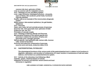 MARC IMHOTEP CRAY, M.D./Last updated 06-08-12



   common bile duct, sphincter of Oddi.
Liver as common site for metastatic tumors
9.4.2 Histology of Liver and Biliary System
Liver: major functions; histological structure - sinusoids,
   space of Disse, bile canaliculi, portal triads, functional
   subunits (lobules)
Kupffer cells as an example of the mononuclear phagocyte
   system
Biliary system: bile-resistant epithelium, the gall bladder.
   Gallstones
9.4.3 Pancreas
Head, neck, body, tail and uncinate process of pancreas
Exocrine role: main pancreatic duct, sphincter of Oddi
Endocrine role: see 14.5
Principles of vascular supply
9.4.4 Histology of Salivary Glands and Pancreas
Microscopical anatomy of the salivary glands and
   pancreas in relation the secretion of saliva and
   pancreatic juice; zymogen granules
Salivary glands: myo-epithelial cells, serous cells, mucous
   cells; control of secretion
Exocrine and endocrine components of pancreas:
   exocrine acini and ducts, endocrine islets (14.5)

9.5     GASTROINTESTINAL PHYSIOLOGY

        The physiological functions of the various parts of the gastrointestinal tract in relation to its functions in
        digestion, absorption, and excretion of components of a meal; function in maintenance of salt and water
        balance; and function as a protective/immune system.
9.5.1 Activity of the alimentary tract following a Meal
Cephalic, gastric, intestinal phases of activity
Integration of intrinsic and extrinsic neural control and local
   hormones in regulation

                        IVMS LEARNING OUTCOMES -HORIZONTALLY INTEGRATED RAPID OVERVIEW                                   60
 