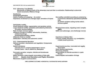 MARC IMHOTEP CRAY, M.D./Last updated 06-08-12



9.5.2 Alimentary Tract Motility
      Movements of different parts of the alimentary tract and their co-ordination. Relationship to abnormal
      bowel movements. Effects of drugs
Swallowing
Esophageal sphincters
Gastric motility and emptying — its control                         Gut motility controlled according to contents by:
Importance of stomach as a storage organ; formation of chyme          (i) hormones released by specialised epithelial
                                                                      cells
                                                                      (ii) stretch receptors acting via the enteric
                                                                      nervous system
Gall bladder motility
Small intestinal motility: segmentation and pendular activity
Large intestinal motility: peristalsis (stimulated by distension    Electrical slow waves, migrating motor complex
   via enteric nervous system)                                         (MMC)
Role of enteric nervous system                                      NANC (non-adrenergic, non-cholinergic nerves)
Influence of drugs on motility: anti-emetics, laxatives,
   antidiarrheal drugs
   parasympathomimetics, opiates
Influence of diet on motility                                       Importance of dietary fibre
Defaecation: voluntary and autonomic control                        Common motility disorders: e.g. constipation,
                                                                       irritable bowel syndrome
9.5.3 Gastrointestinal Secretion
Salivary secretion: mechanisms and regulation. Components
   of saliva
Gastric secretions:                                                 Experimental pouches, innervated and vagally
   acid (see 9.5.3.1); enzyme (pepsinogen); mucus;                     denervated.
   intrinsic factor - role in vitamin B12 absorption                Sham feeding experiments.
                                                                    Pernicious anaemia
Pancreatic secretion: enzyme, chloride and bicarbonate              Abnormalities of chloride secretion in cystic
  components                                                           fibrosis
Biliary secretion; entero-hepatic recirculation of bile salts       Entero-hepatic recirculation of drugs
9.5.3.1         Gastric Acid Secretion and Peptic Ulceration
Mechanism of gastric acid secretion:

                        IVMS LEARNING OUTCOMES -HORIZONTALLY INTEGRATED RAPID OVERVIEW                         61
 
