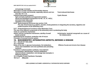MARC IMHOTEP CRAY, M.D./Last updated 06-08-12



   and passage via lymph
Absorption of water-soluble and fat-soluble vitamins
Absorption of water and minerals, especially calcium and iron        Toxin-induced diarrhoeas
   (see also 10.1.1.3)
Intestinal electrolyte transport:                                    Cystic fibrosis
   tight and leaky epithelia and segmental variation
   apical and basolateral transporters for Na+, Cl‘, K+, HCO3‘,
   and short-chain fatty acids
   regulation of ion transport
9.5.6 Gastrointestinal Hormones (see section 14.6)
       The role of hormones (e.g. gastrin, secretin, cholecystokinin) in integrating the secretory, digestive and
       motile functions of the alimentary tract
9.5.7 Protective/Immune Functions of the Alimentary Tract
The role of the different components of the alimentary tract in protecting the body
Taste as a protective mechanism
Gastric acid as a protective mechanism; sterility of small           Achlorhydria: bacterial overgrowth as a cause of
   bowel contents                                                       fat malabsorption
Epithelial barrier functions; protective role of mucus
Concepts of mucosal immune system
10. BIOCHEMISTRY: INTEGRATIVE ASPECTS, DEFENSE & DISEASE
10.1 ROLES OF THE LIVER
10.1.1 Overview
Roles of the liver in glucose homeostasis, fat metabolism,            Effects of acute and chronic liver disease
  amino acid metabolism and urea synthesis (see preceding
  sections)
Functions in plasma-protein synthesis, trace-element
  homeostasis, detoxification, alcohol metabolism,
  vitamin/cofactor metabolism, and storage (see examples in
  following sections)
10.1.2 Hepatic Protein Synthesis: Examples
10.1.2.1        Albumin


                        IVMS LEARNING OUTCOMES -HORIZONTALLY INTEGRATED RAPID OVERVIEW                              63
 