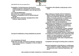 MARC IMHOTEP CRAY, M.D./Last updated 06-08-12



Conjugation: functional groups introduced by                     Conjugation with sulphate, acetyl groups, amino
  oxidation/reduction subsequently used to increase                acids
  water-solubility by conjugation, esp. with glucuronic
  acid
10.1.5 Alcohol Metabolism
Role of the liver in alcohol metabolism                          Major pathways of hepatic ethanol metabolism.
Resultant susceptibility of liver to alcohol-induced               Roles of alcohol dehydrogenase, cytochrome
  damage                                                           P450 mono-oxygenase, peroxisomal catalase.
Metabolic effects of alcohol: hypoglycaemia, lactic                Effects of ethanol metabolism on NADH levels.
  acidosis, hyperuricaemia                                         Significance of differing rates of alcohol
                                                                   metabolism in different individuals, and their
                                                                   possible relation to alcohol tolerance
                                                                 Significance and subtypes (I–IV) of acetaldehyde
                                                                   dehydrogenase; recognition of variations of
                                                                   acetaldehyde dehydrogenase between races;
                                                                   significance for alcohol tolerance.
                                                                 Cellular effects of acetaldehyde; acetate; metabolic
                                                                   consequences of increased NADH on fatty acid
                                                                   metabolism and gluconeogenesis. Effect on
                                                                   collagen synthesis (hepatic fibrosis in alcoholism)
Concept of modification of drug metabolism by alcohol            A consequence of induction of the cytochrome P450
                                                                   system; increased metabolism and decreased
                                                                   activity (e.g. phenobarbitone, warfarin) and
                                                                   increased activation with risks of hepatotoxicity
                                                                   (e.g. paracetamol)
10.1.6 Catabolism Of HemE
Origin from red cells; conversion to bilirubin; transport to     Competition with drugs for binding sites on albumin
  liver bound to albumin; conjugation in liver to render it
  water-soluble.
                                                                 Bacterial metabolism of gut bilirubin to urobilinogen;
                                                                   some oxidized to urobilins. (Significance of colour
                                                                   of faeces and urine in bile-duct obstruction: see
                                                                   9.4.1)

                        IVMS LEARNING OUTCOMES -HORIZONTALLY INTEGRATED RAPID OVERVIEW                           65
 
