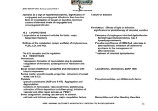 MARC IMHOTEP CRAY, M.D./Last updated 06-08-12



 Jaundice as a sign of hyperbilirubinaemia. Significance of          Toxicity of bilirubin
   conjugated and unconjugated bilirubin in liver function
   tests in investigation of causes of jaundice. Common
   causes of elevated levels of conjugated and
   unconjugated bilirubin
                                                                     Kernicterus. Effects of light on bilirubin:
                                                                       significance for phototherapy of neonatal jaundice
 10.2 LIPOPROTEINS
 Lipoproteins as transport vehicles for lipids: major                    Examples of single-gene inherited dyslipidemias:
    lipoprotein fractions                                                  familial hypercholesterolemia, type I
                                                                           hyperlipoproteinemia
 Outlines of the metabolism (origin and fate) of chylomicrons,           Possible significance of HMG CoA reductase in
   VLDL, LDL and HDL                                                       atherosclerosis; inhibition of cholesterol
                                                                           synthesis in the management of
                                                                           atherosclerosis
 The LDL receptor and its regulation                                     Treatment of inherited dyslipidemias
 10.3 HEMOSTASIS
Hemostasis:
  vasospasm; formation of haemostatic plug by platelets
  coagulation of the blood; subsequent clot resolution and
  repair
Blood vessel endothelium: properties and interactions with               Leukotrienes, chemokines, EDRF (NO)
  blood components
Tunica media: smooth muscle, properties (structure of vessel
  walls: see 8.5.2)
Platelets                                                                Phosphoinositides, von Willebrand‘s factor
  granule constituents (ADP and 5-HT). Aggregation and
  degranulation
  functions in hemostasis: vasoconstriction, platelet plug,
  activation of fibrin deposition (stabilises plug), initiation of
  vascular and other repair processes (PDGF)
Blood coagulation: clotting cascade and its control:
  extrinsic and intrinsic pathways, major coagulation factors            Hemophilias and other bleeding disorders

                         IVMS LEARNING OUTCOMES -HORIZONTALLY INTEGRATED RAPID OVERVIEW                               66
 