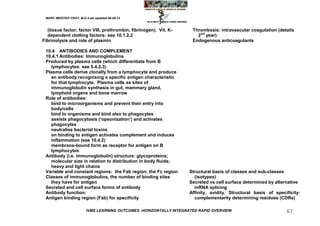 MARC IMHOTEP CRAY, M.D./Last updated 06-08-12



  (tissue factor, factor VIII, prothrombin, fibrinogen). Vit. K-      Thrombosis: intravascular coagulation (details
  dependent clotting factors: see 10.1.2.2                              2nd year)
Fibrinolysis and role of plasmin                                      Endogenous anticoagulants

 10.4 ANTIBODIES AND COMPLEMENT
 10.4.1 Antibodies: Immunoglobulins
 Produced by plasma cells (which differentiate from B
   lymphocytes: see 5.4.2.3)
 Plasma cells derive clonally from a lymphocyte and produce
   an antibody recognising a specific antigen characteristic
   for that lymphocyte. Plasma cells as sites of
   immunoglobulin synthesis in gut, mammary gland,
   lymphoid organs and bone marrow
 Role of antibodies:
   bind to microorganisms and prevent their entry into
   body/cells
   bind to organisms and bind also to phagocytes
   assists phagocytosis (‗opsonization‘) and activates
   phagocytes
   neutralise bacterial toxins
   on binding to antigen activates complement and induces
   inflammation (see 10.4.2)
   membrane-bound form as receptor for antigen on B
   lymphocytes
 Antibody (i.e. immunoglobulin) structure: glycoproteins;
   molecular size in relation to distribution in body fluids;
   heavy and light chains
 Variable and constant regions: the Fab region; the Fc region        Structural basis of classes and sub-classes
 Classes of immunoglobulins, the number of binding sites               (isotypes)
   they have for antigen                                             Secreted vs cell surface determined by alternative
 Secreted and cell surface forms of antibody                           mRNA splicing
 Antibody function:                                                  Affinity, avidity. Structural basis of specificity:
 Antigen binding region (Fab) for specificity                          complementarity determining residues (CDRs)

                         IVMS LEARNING OUTCOMES -HORIZONTALLY INTEGRATED RAPID OVERVIEW                          67
 