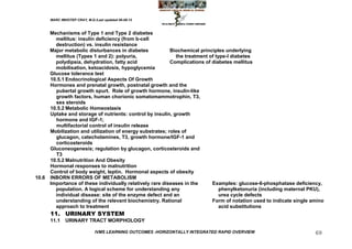 MARC IMHOTEP CRAY, M.D./Last updated 06-08-12



     Mechanisms of Type 1 and Type 2 diabetes
       mellitus: insulin deficiency (from b-cell
       destruction) vs. insulin resistance
     Major metabolic disturbances in diabetes            Biochemical principles underlying
       mellitus (Types 1 and 2): polyuria,                 the treatment of type-I diabetes
       polydipsia, dehydration, fatty acid               Complications of diabetes mellitus
       mobilisation, ketoacidosis, hypoglycemia
     Glucose tolerance test
     10.5.1 Endocrinological Aspects Of Growth
     Hormones and prenatal growth, postnatal growth and the
       pubertal growth spurt. Role of growth hormone, insulin-like
       growth factors, human chorionic somatomammotrophin, T3,
       sex steroids
     10.5.2 Metabolic Homeostasis
     Uptake and storage of nutrients: control by insulin, growth
       hormone and IGF-1;
       multifactorial control of insulin release
     Mobilization and utilization of energy substrates; roles of
       glucagon, catecholamines, T3, growth hormone/IGF-1 and
       corticosteroids
     Gluconeogenesis; regulation by glucagon, corticosteroids and
       T3
     10.5.2 Malnutrition And Obesity
     Hormonal responses to malnutrition
     Control of body weight, leptin. Hormonal aspects of obesity
10.6 INBORN ERRORS OF METABOLISM
     Importance of these individually relatively rare diseases in the     Examples: glucose-6-phosphatase deficiency,
       population. A logical scheme for understanding any                     phenylketonuria (including maternal PKU),
       individual disease: site of the enzyme defect and an                   urea cycle defects
       understanding of the relevant biochemistry. Rational               Form of notation used to indicate single amino
       approach to treatment                                                  acid substitutions
      11. URINARY SYSTEM
      11.1    URINARY TRACT MORPHOLOGY

                              IVMS LEARNING OUTCOMES -HORIZONTALLY INTEGRATED RAPID OVERVIEW                        69
 