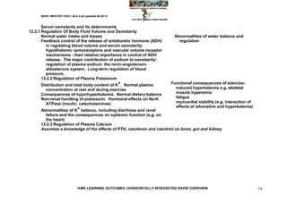 MARC IMHOTEP CRAY, M.D./Last updated 06-08-12



       Serum osmolarity and its determinants
12.2.1 Regulation Of Body Fluid Volume and Osmolarity
       Normal water intake and losses                                       Abnormalities of water balance and
       Feedback control of the release of antidiuretic hormone (ADH)          regulation
         in regulating blood volume and serum osmolarity:
         hypothalamic osmoreceptors and vascular volume receptor
         mechanisms - their relative importance in control of ADH
         release. The major contribution of sodium to osmolarity;
         regulation of plasma sodium: the renin-angiotensin-
         aldosterone system. Long-term regulation of blood
         pressure.
       12.2.2 Regulation of Plasma Potassium
       Distribution and total body content of K+. Normal plasma           Functional consequences of exercise-
        concentration at rest and during exercise                           induced hyperkalemia e.g. skeletal
      Consequences of hypo/hyperkalemia. Normal dietary balance             muscle hyperemia
      Non-renal handling of potassium. Hormonal effects on Na-K             fatigue
        ATPase (insulin, catecholamines)                                    myocardial stability (e.g. interaction of
                                                                            effects of adrenaline and hyperkalemia)
      Abnormalities of K+ balance, including diarrhoea and renal
        failure and the consequences on systemic function (e.g. on
        the heart)
      12.2.3 Regulation of Plasma Calcium
      Assumes a knowledge of the effects of PTH, calcitonin and calcitriol on bone, gut and kidney




                              IVMS LEARNING OUTCOMES -HORIZONTALLY INTEGRATED RAPID OVERVIEW                            74
 