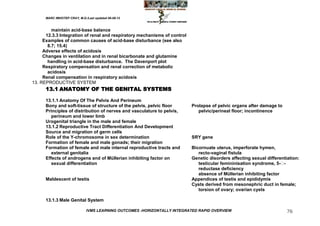 MARC IMHOTEP CRAY, M.D./Last updated 06-08-12



         maintain acid-base balance
      12.3.3 Integration of renal and respiratory mechanisms of control
     Examples of common causes of acid-base disturbance (see also
       8.7; 15.4)
     Adverse effects of acidosis
     Changes in ventilation and in renal bicarbonate and glutamine
       handling in acid-base disturbance. The Davenport plot
     Respiratory compensation and renal correction of metabolic
       acidosis
     Renal compensation in respiratory acidosis
13. REPRODUCTIVE SYSTEM
      13.1 ANATOMY OF THE GENITAL SYSTEMS

      13.1.1 Anatomy Of The Pelvis And Perineum
      Bony and soft-tissue of structure of the pelvis, pelvic floor       Prolapse of pelvic organs after damage to
      Principles of distribution of nerves and vasculature to pelvis,        pelvic/perineal floor; incontinence
         perineum and lower limb
      Urogenital triangle in the male and female
      13.1.2 Reproductive Tract Differentiation And Development
      Source and migration of germ cells
      Role of the Y-chromosome in sex determination                       SRY gene
      Formation of female and male gonads; their migration
      Formation of female and male internal reproductive tracts and       Bicornuate uterus, imperforate hymen,
         external genitalia                                                  recto-vaginal fistula
      Effects of androgens and of Müllerian inhibiting factor on          Genetic disorders affecting sexual differentiation:
         sexual differentiation                                              testicular femininisation syndrome, 5- -
                                                                             reductase deficiency
                                                                             absence of Müllerian inhibiting factor
      Maldescent of testis                                                Appendices of testis and epididymis
                                                                          Cysts derived from mesonephric duct in female;
                                                                             torsion of ovary; ovarian cysts

      13.1.3 Male Genital System

                              IVMS LEARNING OUTCOMES -HORIZONTALLY INTEGRATED RAPID OVERVIEW                           76
 