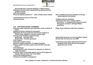 MARC IMHOTEP CRAY, M.D./Last updated 06-08-12



  gluconeogenesis; promotes lipolysis in adipose tissue
Synergism of actions with catecholamines, glucocorticoids,
  growth hormone
14.5.3 Somatostatin
Paracrine peptide produced in -cells; inhibits insulin release     Also a negative paracrine modulator in the gut,
                                                                       salivary glands and pituitary
14.5.4 Endocrine Tumors of Pancreas
Insulinoma (rare)                                                   multiple endocrine neoplasia
                                                                    gastrinoma (see 14.6.1: ectopic gastrin
                                                                     production - no feedback from stomach acid to
                                                                     limit gastrin secretion: Zollinger-Ellison
                                                                     syndrome)
14.6 GASTROINTESTINAL HORMONES
Endocrine cells scattered in gut epithelium sense contents of       Origin of gut endocrine cells from endoderm
   lumen
Peptide hormones released by exocytosis
Integrated role of gut endocrine and nervous systems to
   control motor, digestive, vascular activity of gut
Concept of two families of gut hormones:
   gastrin-like (includes CCK)                                      gastrin-like hormones act via intracellular calcium
   secretin-like (includes glucagon)                                secretin-like hormones act via cAMP
14.6.1 Gastrin
Produced in gastric antrum                                          Gastrinomas (pancreatic gastrinoma free from H+
Stimuli for gastrin secretion; H+ negative feedback                   feedback much more common than gastric
Actions: pepsin secretion; gastric acid secretion (see also           gastrinoma see 14.5.4)
   9.5.3.1)
14.6.2 Histamine
Secreted by ECL cells of stomach in response to stretch or
   vagal stimulation
Paracrine action to stimulate gastric acid via H2 receptors on
   oxyntic cells (see 9.5.3.1 for more detail)
14.6.3 CCK (Cholecystokinin )
Produced in duodenum and jejunum

                        IVMS LEARNING OUTCOMES -HORIZONTALLY INTEGRATED RAPID OVERVIEW                          86
 