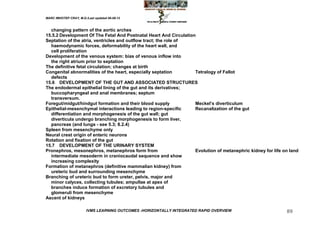 MARC IMHOTEP CRAY, M.D./Last updated 06-08-12



  changing pattern of the aortic arches
15.5.2 Development Of The Fetal And Postnatal Heart And Circulation
Septation of the atria, ventricles and outflow tract; the role of
  haemodynamic forces, deformability of the heart wall, and
  cell proliferation
Development of the venous system: bias of venous inflow into
  the right atrium prior to septation
The definitive fetal circulation; changes at birth
Congenital abnormalities of the heart, especially septation        Tetralogy of Fallot
  defects
15.6 DEVELOPMENT OF THE GUT AND ASSOCIATED STRUCTURES
The endodermal epithelial lining of the gut and its derivatives;
  buccopharyngeal and anal membranes; septum
  transversum.
Foregut/midgut/hindgut formation and their blood supply            Meckel‘s diverticulum
Epithelial-mesenchymal interactions leading to region-specific     Recanalization of the gut
  differentiation and morphogenesis of the gut wall; gut
  diverticula undergo branching morphogenesis to form liver,
  pancreas (and lungs - see 5.3; 8.2.4)
Spleen from mesenchyme only
Neural crest origin of enteric neurons
Rotation and fixation of the gut
15.7 DEVELOPMENT OF THE URINARY SYSTEM
Pronephros, mesonephros, metanephros form from                     Evolution of metanephric kidney for life on land
  intermediate mesoderm in craniocaudal sequence and show
  increasing complexity
Formation of metanephros (definitive mammalian kidney) from
  ureteric bud and surrounding mesenchyme
Branching of ureteric bud to form ureter, pelvis, major and
  minor calyces, collecting tubules; ampullae at apex of
  branches induce formation of excretory tubules and
  glomeruli from mesenchyme
Ascent of kidneys

                        IVMS LEARNING OUTCOMES -HORIZONTALLY INTEGRATED RAPID OVERVIEW                       89
 