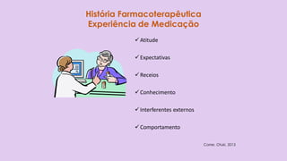 ✓Atitude
✓Expectativas
✓Receios
✓Conhecimento
✓Interferentes externos
✓Comportamento
História Farmacoterapêutica
Experiênc...