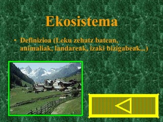 Ekosistema Definizioa (Leku zehatz batean, animaliak, landareak, izaki bizigabeak...) 