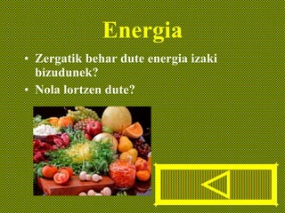 Energia Zergatik behar dute energia izaki bizudunek? Nola lortzen dute? 