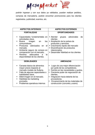 podrán ingresar y con sus datos ya validados, puedan realizar pedidos,
compras de mercadería, podrán encontrar promociones para los clientes
registrados, publicidad, eventos, etc.

ASPECTOS INTERNOS
FORTALEZAS






ASPECTOS EXTERNOS
OPORTUNIDADES

Capacidades fundamentales en
actividades clave.
Buena
imagen
en
los
consumidores.
Productos valorizados en el
mercado.
Ambiente seguro de compra en
comparación con el mercado.
Horarios
adecuados
a
la
disponibilidad de los clientes.

 Atender grupos adicionales de
clientes
 Ampliación de la cartera de
productos y servicios.
 Crecimiento rápido del mercado
 Diversificación de productos
relacionados.
 Desarrollar fidelidad en los clientes

DEBILIDADES






AMENAZAS


Canasta básica de alimentos
mayor precio respecto al
mercado modelo de Sullana.
Falta de algunas capacidades o
habilidades clave.
Débil imagen en el mercado.
Habilidad de marketing
promedio.
Problemas operativos internos






6

Logro de una mejor diferenciación
por parte de los competidores.
Cambio en las necesidades y gustos.
Creciente poder de negociación de
clientes.
Integración hacia delante de los
proveedores.
Encarecimiento de los materiales de
construcción (concreto y acero)

 