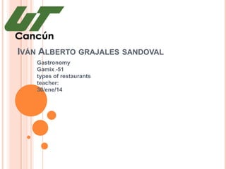 IVÁN ALBERTO GRAJALES SANDOVAL
Gastronomy
Gamix -51
types of restaurants
teacher:
30/ene/14

 