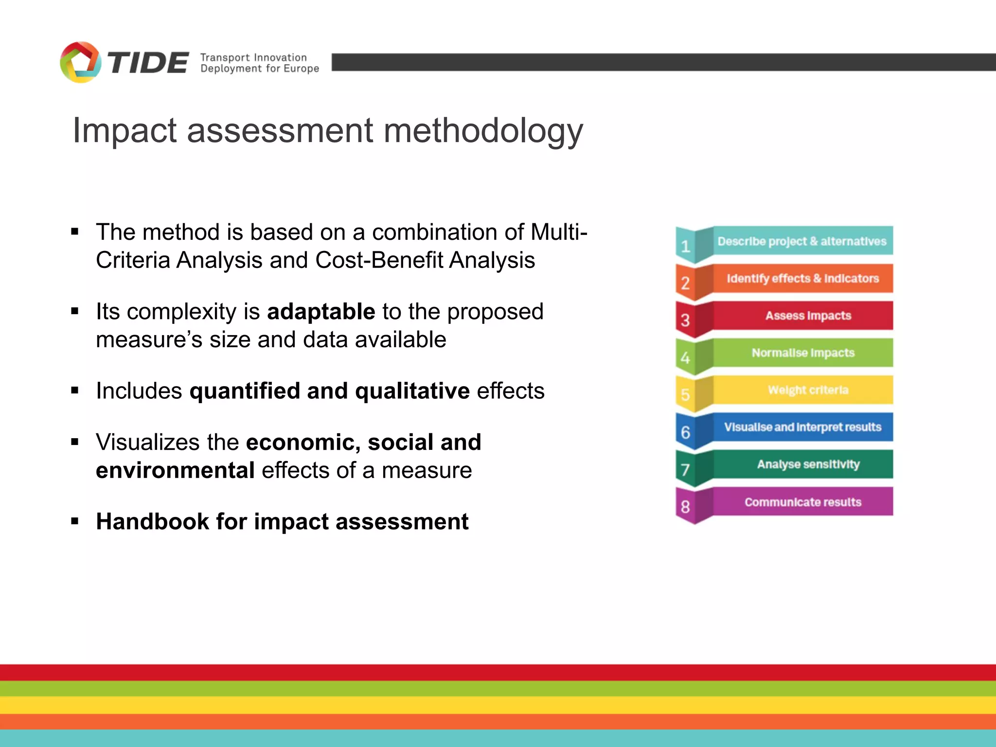 Impact assessment methodology
 The method is based on a combination of Multi-
Criteria Analysis and Cost-Benefit Analysis
 Its complexity is adaptable to the proposed
measure’s size and data available
 Includes quantified and qualitative effects
 Visualizes the economic, social and
environmental effects of a measure
 Handbook for impact assessment
 