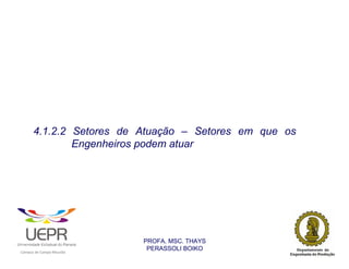 4.1.2.2 Setores de Atuação – Setores em que os
                        Engenheiros podem atuar




                                                                PROFA. MSC. THAYS
                                                                 PERASSOLI BOIKO
                    d




                                                        ã
C




                        C




                                        M
a




    m




        p




            u




                s




                    e




                        a




                            m




                                p




                                    o




                                            o




                                                u




                                                    r




                                                            o
 