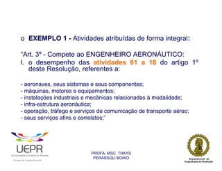 o EXEMPLO 1 - Atividades atribuídas de forma integral:

                “Art. 3º - Compete ao ENGENHEIRO AERONÁUTICO:
                I. o desempenho das atividades 01 a 18 do artigo 1º
                   desta Resolução, referentes a:

                - aeronaves, seus sistemas e seus componentes;
                - máquinas, motores e equipamentos;
                - instalações industriais e mecânicas relacionadas à modalidade;
                - infra-estrutura aeronáutica;
                - operação, tráfego e serviços de comunicação de transporte aéreo;
                - seus serviços afins e correlatos;”




                                                                PROFA. MSC. THAYS
                                                                 PERASSOLI BOIKO
                    d




                                                        ã
C




                        C




                                        M
a




    m




        p




            u




                s




                    e




                        a




                            m




                                p




                                    o




                                            o




                                                u




                                                    r




                                                            o
 