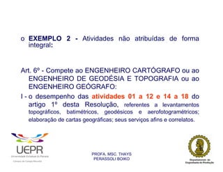 o EXEMPLO 2 - Atividades não atribuídas de forma
                  integral:


                Art. 6º - Compete ao ENGENHEIRO CARTÓGRAFO ou ao
                    ENGENHEIRO DE GEODÉSIA E TOPOGRAFIA ou ao
                    ENGENHEIRO GEÓGRAFO:
                I - o desempenho das atividades 01 a 12 e 14 a 18 do
                    artigo 1º desta Resolução, referentes a levantamentos
                            topográficos, batimétricos, geodésicos e aerofotogramétricos;
                            elaboração de cartas geográficas; seus serviços afins e correlatos.




                                                                PROFA. MSC. THAYS
                                                                 PERASSOLI BOIKO
                    d




                                                        ã
C




                        C




                                        M
a




    m




        p




            u




                s




                    e




                        a




                            m




                                p




                                    o




                                            o




                                                u




                                                    r




                                                            o
 