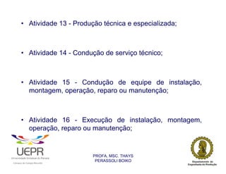 • Atividade 13 - Produção técnica e especializada;



                • Atividade 14 - Condução de serviço técnico;



                • Atividade 15 - Condução de equipe de instalação,
                  montagem, operação, reparo ou manutenção;



                • Atividade 16 - Execução de instalação, montagem,
                  operação, reparo ou manutenção;


                                                                PROFA. MSC. THAYS
                                                                 PERASSOLI BOIKO
                    d




                                                        ã
C




                        C




                                        M
a




    m




        p




            u




                s




                    e




                        a




                            m




                                p




                                    o




                                            o




                                                u




                                                    r




                                                            o
 