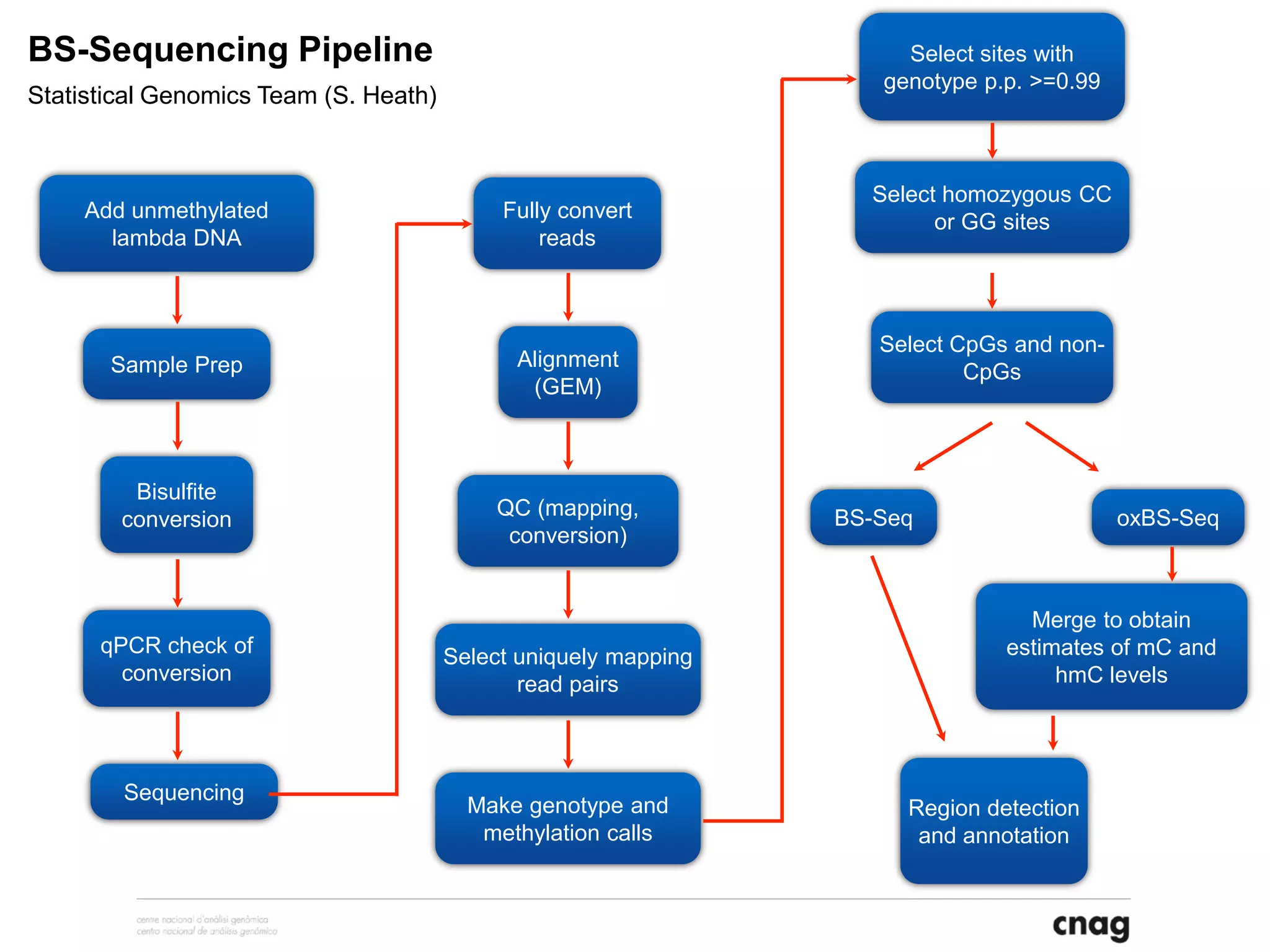 Sample Prep
Add unmethylated
lambda DNA
Bisulfite
conversion
qPCR check of
conversion
Sequencing
Fully convert
reads
Alignment
(GEM)
QC (mapping,
conversion)
Select uniquely mapping
read pairs
Make genotype and
methylation calls
Select sites with
genotype p.p. >=0.99
Select CpGs and non-
CpGs
Select homozygous CC
or GG sites
Region detection
and annotation
BS-Seq oxBS-Seq
Merge to obtain
estimates of mC and
hmC levels
BS-Sequencing Pipeline
Statistical Genomics Team (S. Heath)