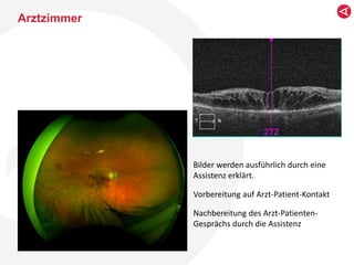 Arztzimmer
Bilder werden ausführlich durch eine
Assistenz erklärt.
Vorbereitung auf Arzt-Patient-Kontakt
Nachbereitung des Arzt-Patienten-
Gesprächs durch die Assistenz
 