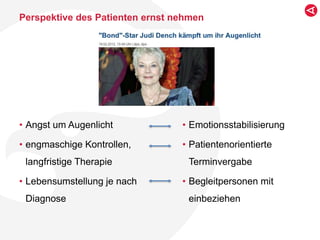 Perspektive des Patienten ernst nehmen
• Angst um Augenlicht
• engmaschige Kontrollen,
langfristige Therapie
• Lebensumstellung je nach
Diagnose
• Emotionsstabilisierung
• Patientenorientierte
Terminvergabe
• Begleitpersonen mit
einbeziehen
 