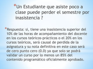 *Un Estudiante que asiste poco a 
clase puede perder el semestre por 
inasistencia ? 
*Respuesta: si, tiene una inasistencia superior del 
10% de las horas de acompañamiento del docente 
en los cursos teóricos-prácticos o el 20% en los 
cursos teóricos, será causal de perdida de la 
asignatura y su nota definitiva en este caso será 
de cero punto cero (0.0) ya que solo se podrá 
validar un curso por lo menos un 85% del 
contenido programático oficialmente aprobado. 
 