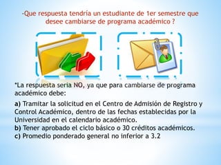 -Que respuesta tendría un estudiante de 1er semestre que 
desee cambiarse de programa académico ? 
*La respuesta seria NO, ya que para cambiarse de programa 
académico debe: 
a) Tramitar la solicitud en el Centro de Admisión de Registro y 
Control Académico, dentro de las fechas establecidas por la 
Universidad en el calendario académico. 
b) Tener aprobado el ciclo básico o 30 créditos académicos. 
c) Promedio ponderado general no inferior a 3.2 
 