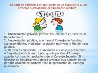 *En caso de agreden a un por parte de un estudiante al un 
profesor o estudiante el estudiante recibirá: 
1. Amonestación privada, por escrito, que hará el Director del 
Departamento. 
2. Amonestación pública, que hará el Consejo de Facultad 
correspondiente, mediante resolución motivada y fija en lugar 
público. 
3. Matrícula condicional. La impondrá el Consejo académico. 
4.Cancelación de la matricula, que impondrá el Consejo 
académico, sanción apelable ante el Consejo Superior. El 
Director de Departamento podrá levantar esta sanción en un 
período académico posterior con la aprobación del Consejo 
Académico. 
 