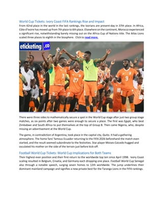 Ivory Ranking Ivory Coast vs Ecuador Tickets Ivory Coast climbs five places up in the ...