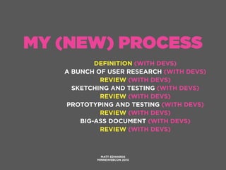 MY (NEW) PROCESS
DEFINITION (WITH DEVS)
A BUNCH OF USER RESEARCH (WITH DEVS)
REVIEW (WITH DEVS)
SKETCHING AND TESTING (WITH DEVS)
REVIEW (WITH DEVS)
PROTOTYPING AND TESTING (WITH DEVS)
REVIEW (WITH DEVS)
BIG-ASS DOCUMENT (WITH DEVS)
REVIEW (WITH DEVS)
MATT EDWARDS
MINNEWEBCON 2015
 