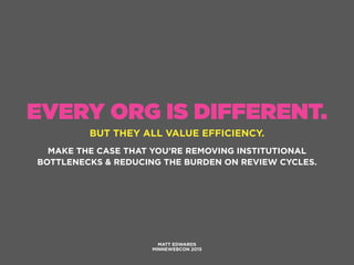 EVERY ORG IS DIFFERENT.
BUT THEY ALL VALUE EFFICIENCY.
MATT EDWARDS
MINNEWEBCON 2015
MAKE THE CASE THAT YOU’RE REMOVING INSTITUTIONAL
BOTTLENECKS & REDUCING THE BURDEN ON REVIEW CYCLES.
 