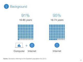 91%
16-85 years
95%
16-74 years
+
Computer Internet Internet
Notes. Numbers referring to the Swedish population for 2013.
Background
6
 