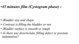•45 minutes film (Cystogram phase) :
•-Bladder size and shape
•-Contrast is filling the bladder or not
•-Bladder surface is smooth or rough
•-Is there any diverticlula, filling defect or prostate
indentation?
 