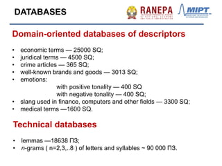 Domain-oriented databases of descriptors
• economic terms — 25000 SQ;
• juridical terms — 4500 SQ;
• crime articles — 365 SQ;
• well-known brands and goods — 3013 SQ;
• emotions:
with positive tonality — 400 SQ
with negative tonality — 400 SQ;
• slang used in finance, computers and other fields — 3300 SQ;
• medical terms —1600 SQ.
DATABASES
Technical databases
• lemmas —18638 ПЗ;
• n-grams ( n=2,3,..8 ) of letters and syllables ~ 90 000 ПЗ.
 