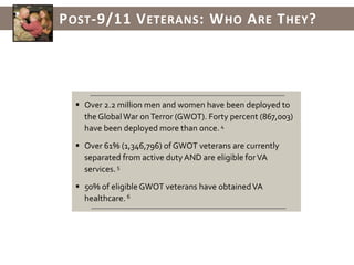 Post-9/11 Veterans: Who Are They?Over 2.2 million men and women have been deployed to the Global War on Terror (GWOT). Forty percent (867,003) have been deployed more than once.4