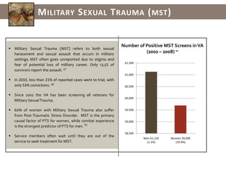 Many women veterans feel uncomfortable at VA facilities and feel that female-specific services are lacking.17