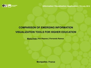 Information Visualization Application | 13 July 2012




  COMPARISON OF EMERGING INFORMATION
VISUALIZATION TOOLS FOR HIGHER EDUCATION

       Marta Pinto | Rui Raposo | Fernando Ramos




                 Montpellier, France
                                                                      1
 