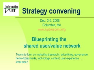 Strategy convening Dec. 3-5, 2008  Columbia, Mo. www.ivpblueprint.org   Blueprinting the  shared user/value network Teams ...