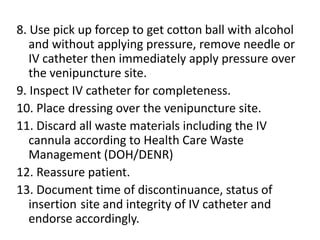IV.  IV MEDICATION INCORPORATION INTO THE  VOLUMETRIC CHAMBERIV medication  of drug into IV bottle/bag	   Note: Put the protocol of the hospital in 		  	 	              considerationVerify the written medication card against the MD prescription; observe hospital policy on drug administration.Observe 10 Rs when preparing and administering medication.Explain procedure (medication and action) to reassure patient and significant others and check patency and IV site.