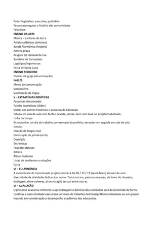 Poder legislativo, executivo, judiciário
Pesquisar/resgatar a história das comunidades
Feira livre
ENSINO DA ARTE
Música – cantores da terra
Artistas plásticos (pintores)
Banda filarmônica (história)
Arte na praça
Resgate do carnaval de rua
Bandeira de Carnaubais
Logotipos/logomarcas
Festa de Santa Luzia
ENSINO RELIGIOSO
Divisão da igreja (denominação)
INGLÊS
Meios de comunicação
Vocabulário
Valorização da língua
V – ESTRATÉGIAS DIDÁTICAS
Pesquisas direcionadas
Painéis ilustrativos (slides )
Visitas aos pontos históricos e ao banco da Carnaúba
Estudo em sala de aula com fontes: revista, jornas, livro com base no projeto trabalhado;
Linha do tempo
Acompanhar um dia de trabalho por exemplo do prefeito, vereador em seguida em sala de aula
simular
Criação de blogse-mail
Construção de jornal escrito
Descrição
Entrevistas
Poço dos desejos
Bilhete
Álbum ilustrado
Listas de problemas e soluções
Carta
VI – CULMINÂNCIA
A culminância do mencionado projeto ocorrerá dia 06 / 12 / 13 (sexta-feira ) através de uma
diversidade de atividades lúdicas tais como: Torta na cara, passa ou repassa, de baixo do chuveiro,
dublagem, show colveres, dramatização textual entre outras.
VI – AVALIAÇÃO
O processo avaliativo referente a aprendizagem e domínio dos conteúdos será desenvolvido de forma
contínua a cada atividade executada por meio de trabalhos teóricos/práticos (individuais ou em grupo)
levando em consideração o desempenho acadêmico dos educandos.

 