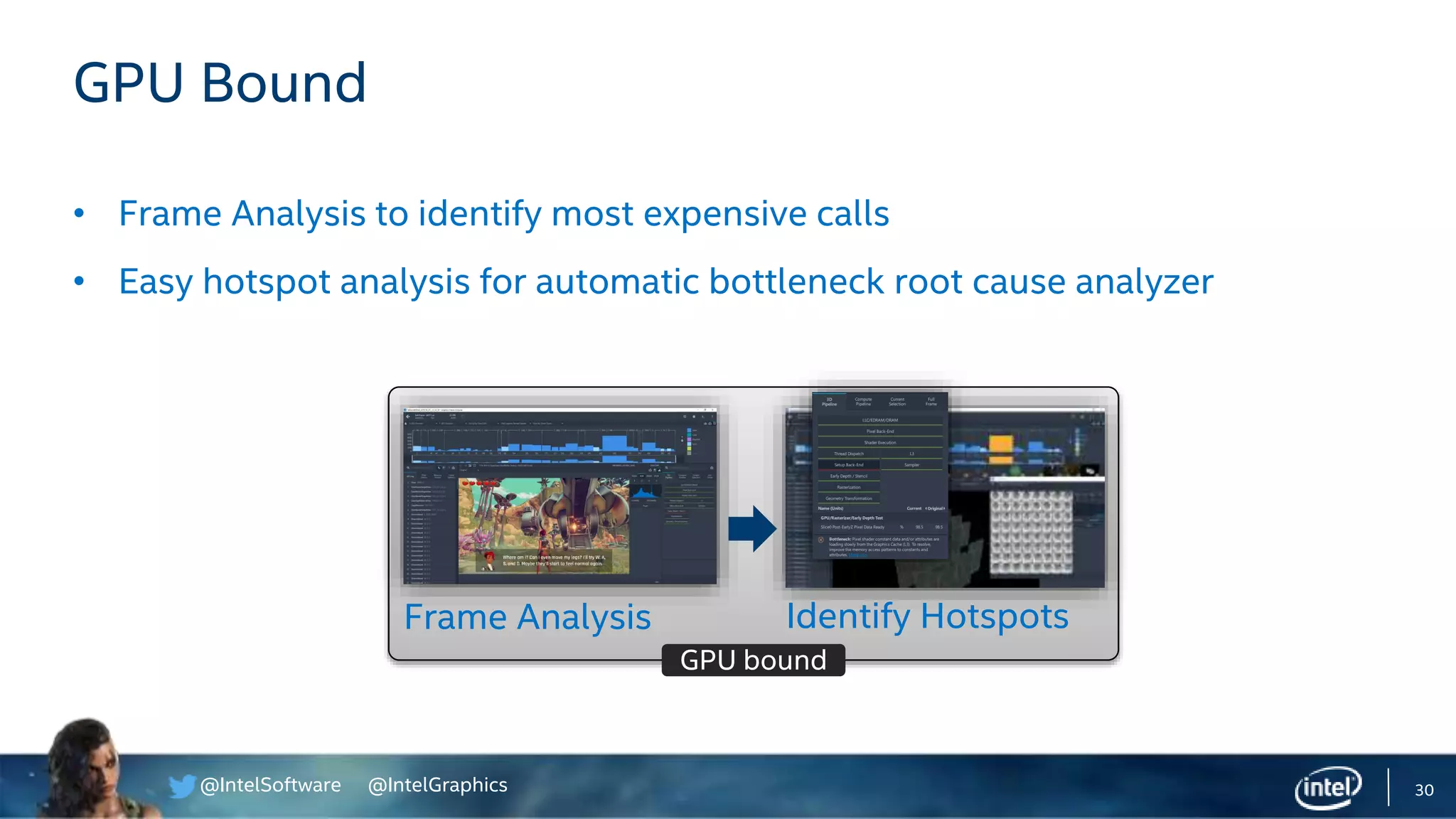 @IntelSoftware @IntelGraphics
GPU bound
30
GPU Bound
• Frame Analysis to identify most expensive calls
• Easy hotspot analysis for automatic bottleneck root cause analyzer
Identify HotspotsFrame Analysis
 