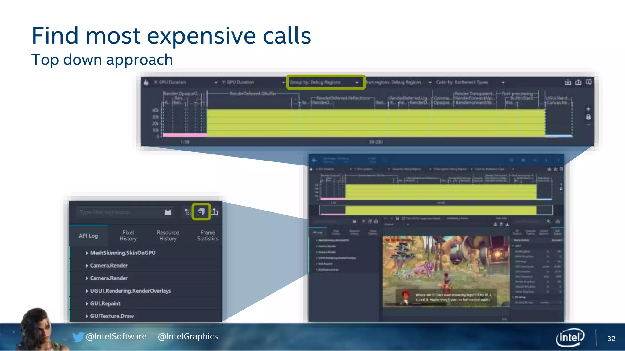 @IntelSoftware @IntelGraphics 32
Find most expensive calls
Top down approach
 