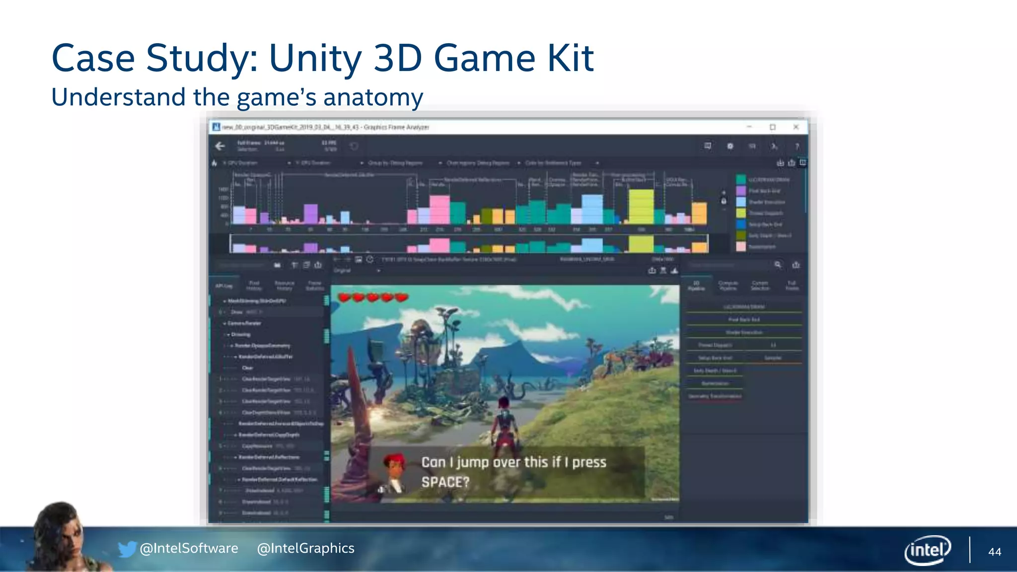 @IntelSoftware @IntelGraphics 44
Case Study: Unity 3D Game Kit
Understand the game’s anatomy
 