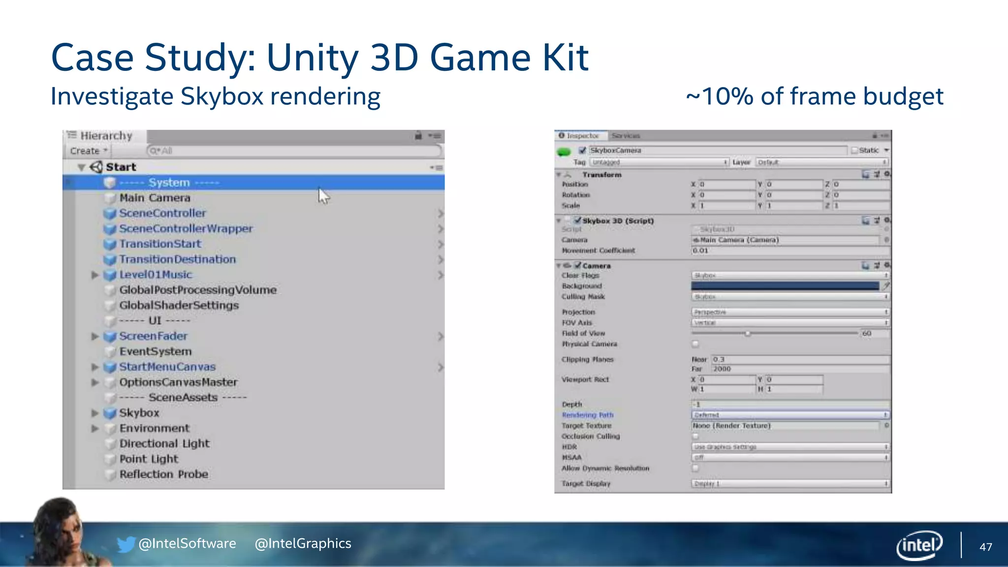 @IntelSoftware @IntelGraphics 47
Case Study: Unity 3D Game Kit
Investigate Skybox rendering ~10% of frame budget
 