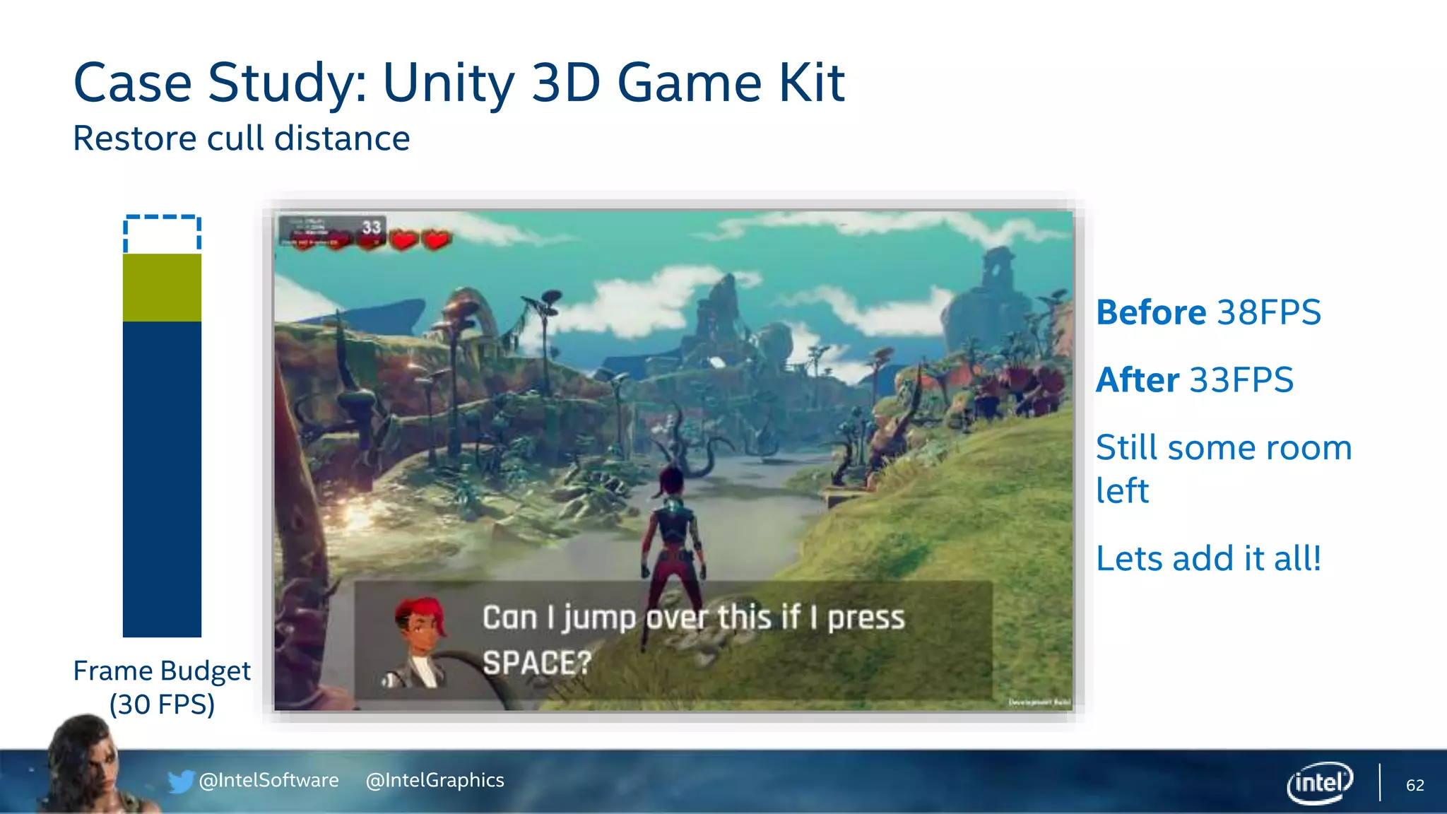 @IntelSoftware @IntelGraphics 62
Case Study: Unity 3D Game Kit
Restore cull distance
Before 38FPS
After 33FPS
Still some room
left
Lets add it all!
Frame Budget
(30 FPS)
 
