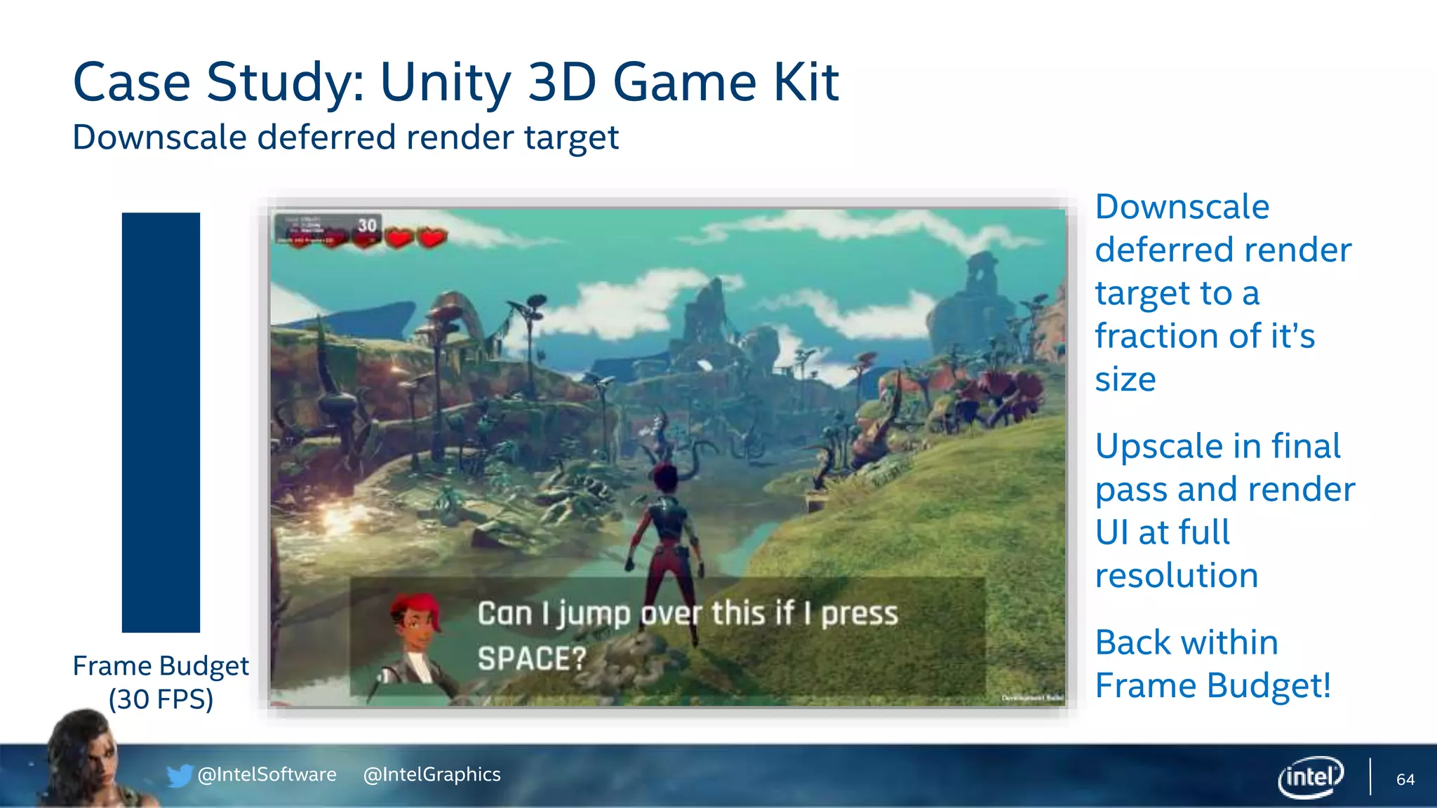 @IntelSoftware @IntelGraphics 64
Case Study: Unity 3D Game Kit
Downscale deferred render target
Downscale
deferred render
target to a
fraction of it’s
size
Upscale in final
pass and render
UI at full
resolution
Back within
Frame Budget!
Frame Budget
(30 FPS)
 