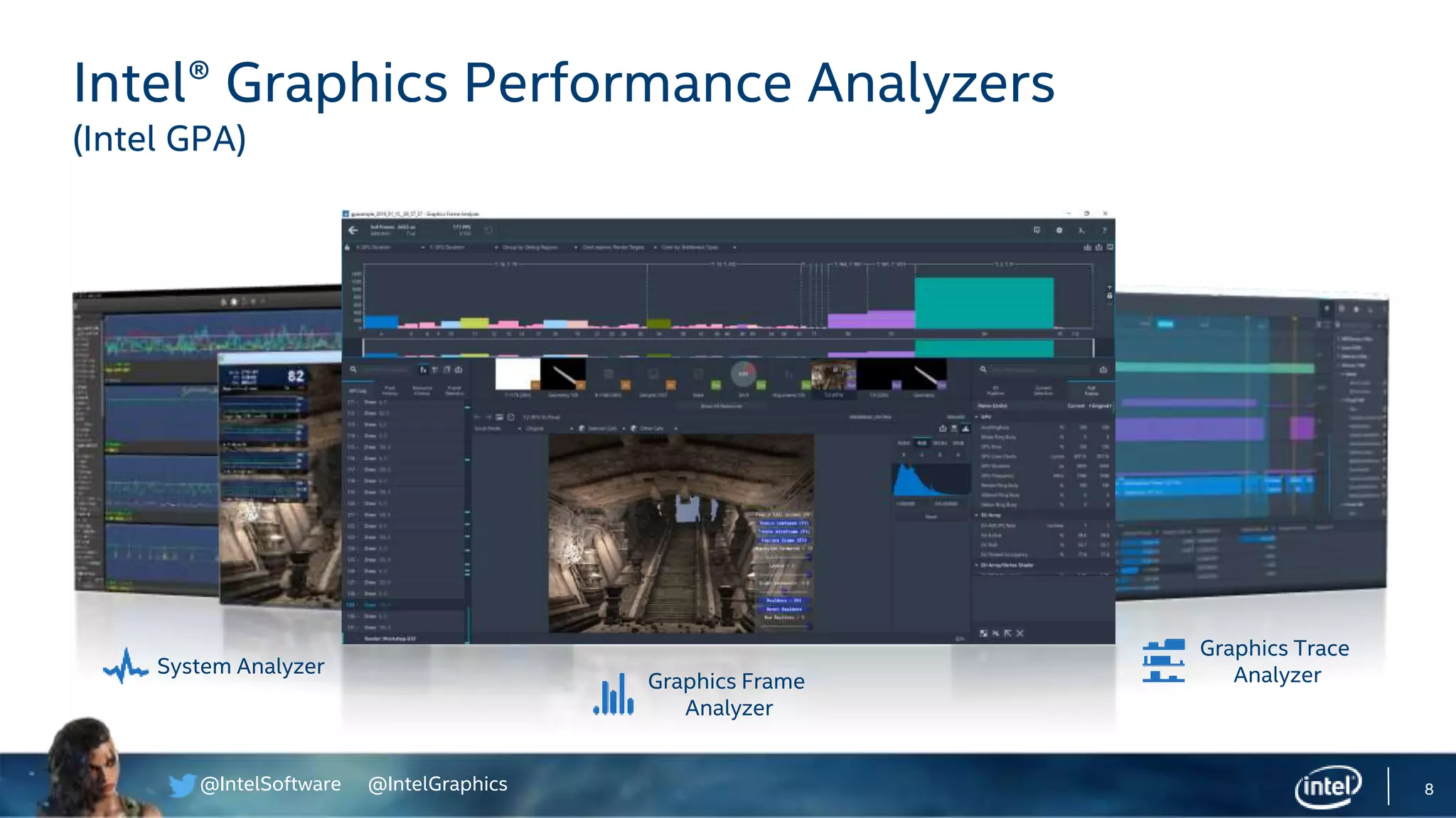 @IntelSoftware @IntelGraphics 8
Intel® Graphics Performance Analyzers
(Intel GPA)
System Analyzer
Graphics Frame
Analyzer
Graphics Trace
Analyzer
 