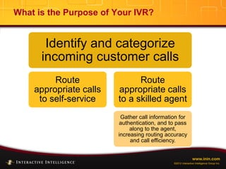 www.inin.com
©2012 Interactive Intelligence Group Inc.
What is the Purpose of Your IVR?
Identify and categorize
incoming customer calls
Route
appropriate calls
to self-service
Route
appropriate calls
to a skilled agent
Gather call information for
authentication, and to pass
along to the agent,
increasing routing accuracy
and call efficiency.
 