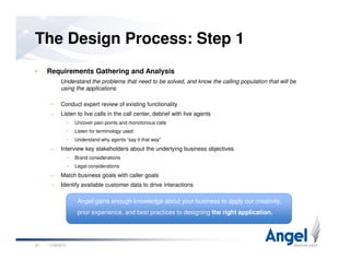 • Requirements Gathering and Analysis
Understand the problems that need to be solved, and know the calling population that will be
using the applications
– Conduct expert review of existing functionality
– Listen to live calls in the call center, debrief with live agents
• Uncover pain points and monotonous calls
• Listen for terminology used
The Design Process: Step 1
• Understand why agents “say it that way”
– Interview key stakeholders about the underlying business objectives
• Brand considerations
• Legal considerations
– Match business goals with caller goals
– Identify available customer data to drive interactions
11/26/201023
Angel gains enough knowledge about your business to apply our creativity,
prior experience, and best practices to designing the right application.
 