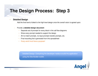 • Detailed Design
Add the final level of detail to the high level design once the overall vision is agreed upon.
– Provide a detailed design document
• Separate set of prompts for every block in the call flow diagrams
• Show every prompt needed to support the design
• All no-match prompts, no-input prompts transfer prompts, etc.
• Final recording list is generated from this spreadsheet
The Design Process: Step 3
• Final recording list is generated from this spreadsheet
• Every word must have a purpose!
11/26/201025
Detailed Design: Everything the developer needs to build the application
using the Site Builder toolkit.
 